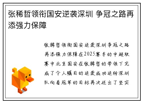 张稀哲领衔国安逆袭深圳 争冠之路再添强力保障